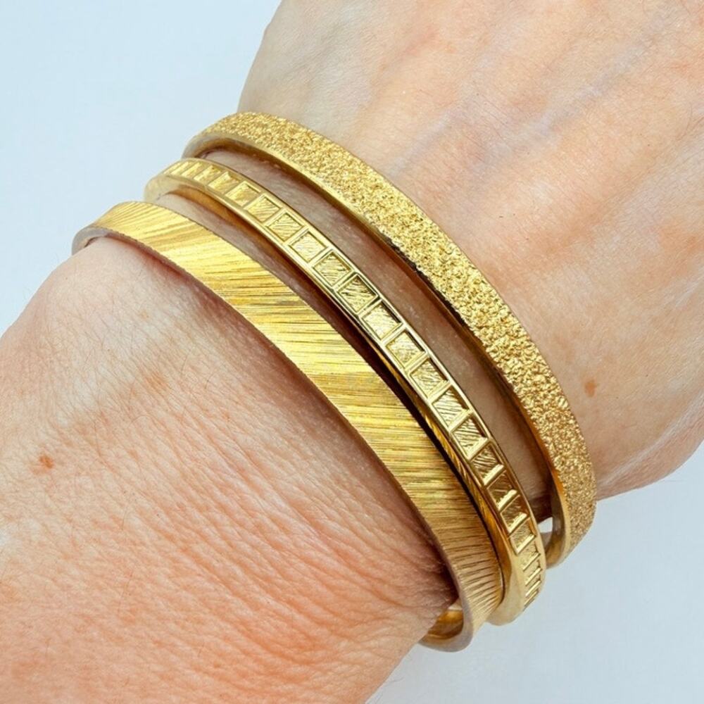 Lot of 3 VTG MONET Etched Bangles Triple Gold Electroplated Bracelet Stacking